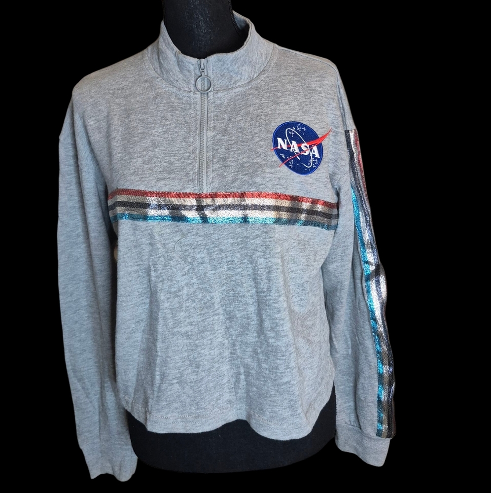 FREEZE NASA Cropped Quarter Zip Holographic Stripe Sweatshirt M (7-9)